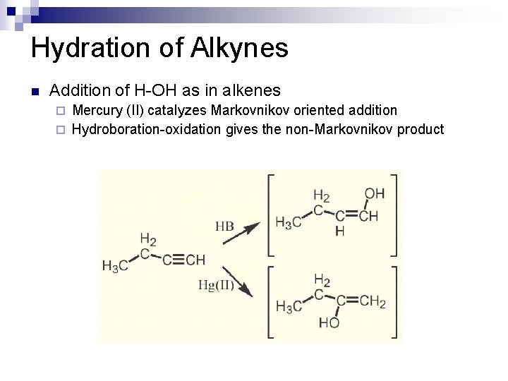 Hydration of Alkynes n Addition of H-OH as in alkenes Mercury (II) catalyzes Markovnikov