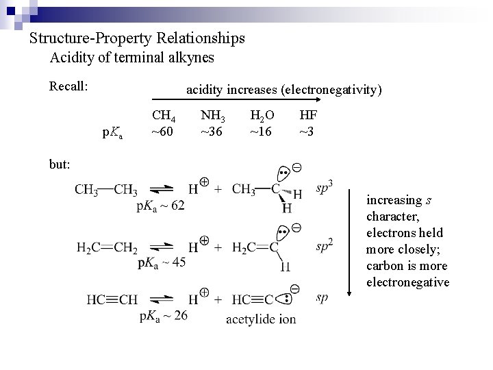 Structure-Property Relationships Acidity of terminal alkynes Recall: acidity increases (electronegativity) p. Ka CH 4