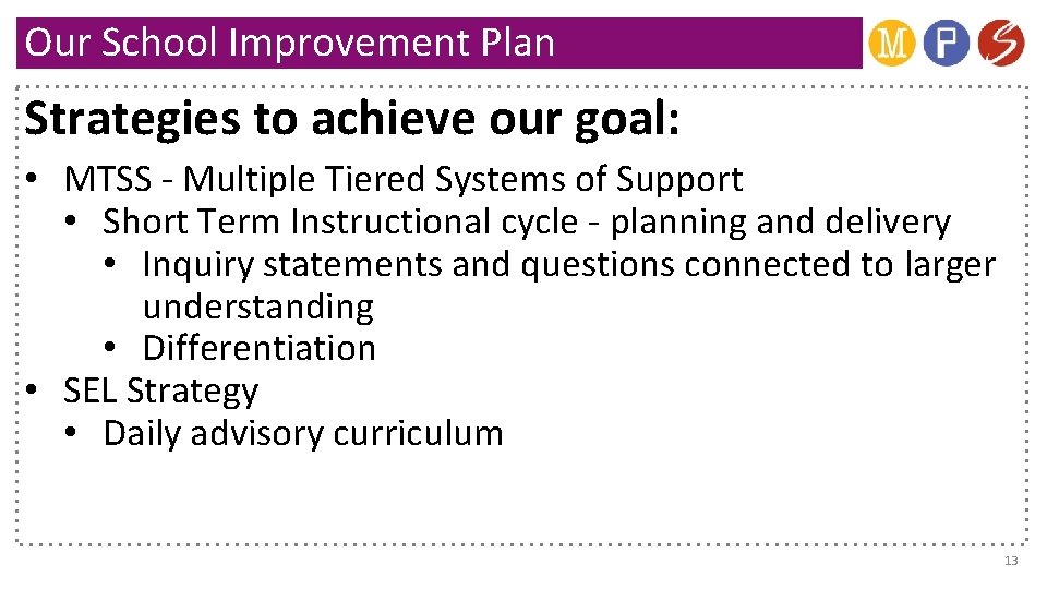 Our School Improvement Plan Strategies to achieve our goal: • MTSS - Multiple Tiered