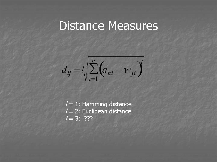 Distance Measures l = 1: Hamming distance l = 2: Euclidean distance l =