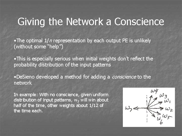 Giving the Network a Conscience • The optimal 1/n representation by each output PE