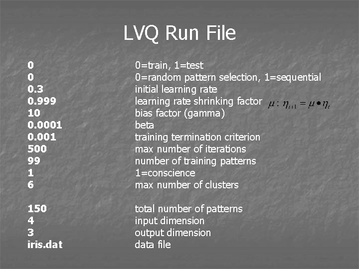 LVQ Run File 0 0 0. 3 0. 999 10 0. 0001 0. 001