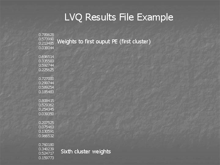 LVQ Results File Example 0. 789628 0. 573990 0. 213485 0. 038044 Weights to