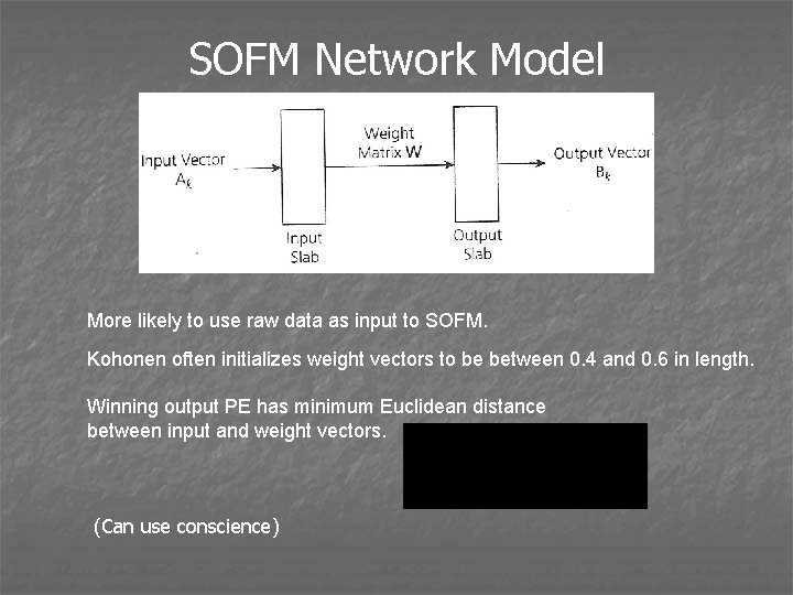 SOFM Network Model More likely to use raw data as input to SOFM. Kohonen