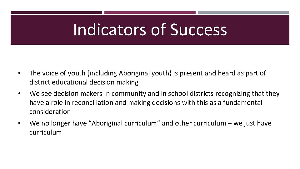 Indicators of Success • The voice of youth (including Aboriginal youth) is present and