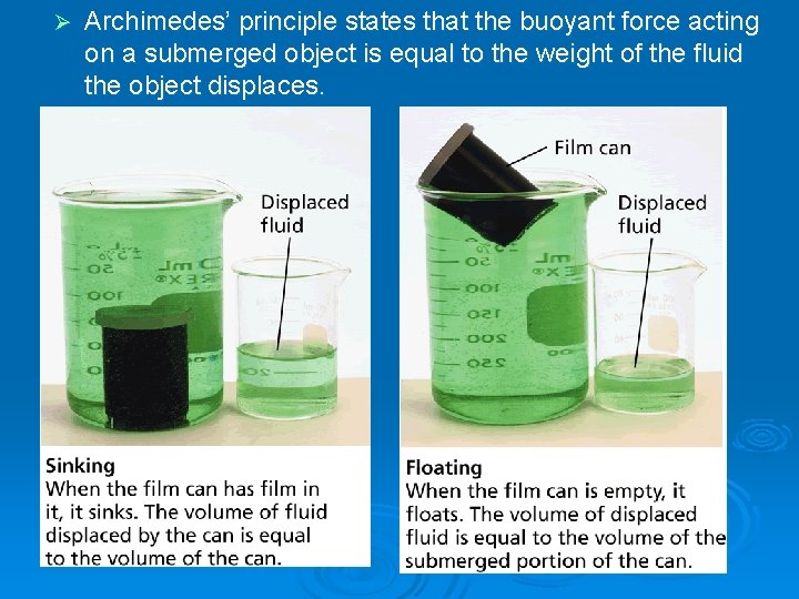 Ø Archimedes’ principle states that the buoyant force acting on a submerged object is