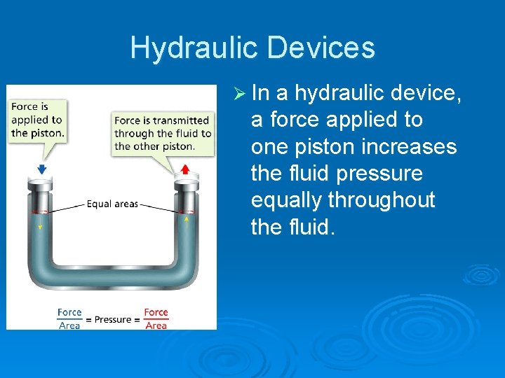 - Pascal’s Principle Hydraulic Devices Ø In a hydraulic device, a force applied to