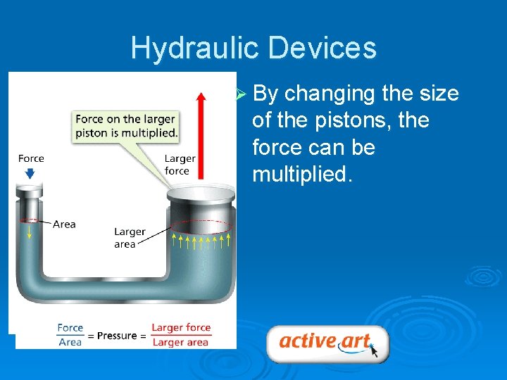 - Pascal’s Principle Hydraulic Devices Ø By changing the size of the pistons, the