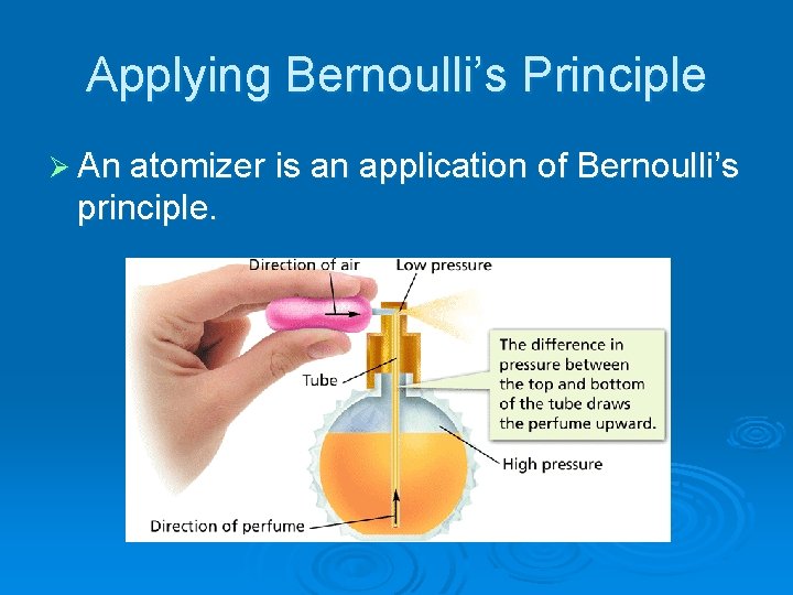 - Bernoulli’s Principle Applying Bernoulli’s Principle Ø An atomizer is an application of Bernoulli’s