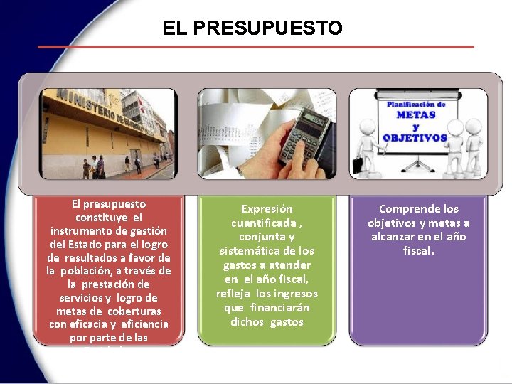 EL PRESUPUESTO El presupuesto constituye el instrumento de gestión del Estado para el logro