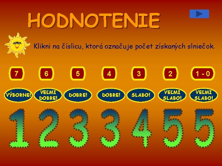 HODNOTENIE Klikni na číslicu, ktorá označuje počet získaných slniečok. 7 VÝBORNE! 6 VEĽMI DOBRE!