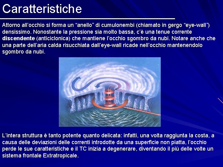 Caratteristiche Attorno all’occhio si forma un “anello” di cumulonembi (chiamato in gergo “eye-wall”) densissimo.