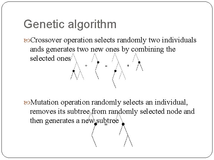 Genetic algorithm Crossover operation selects randomly two individuals ands generates two new ones by