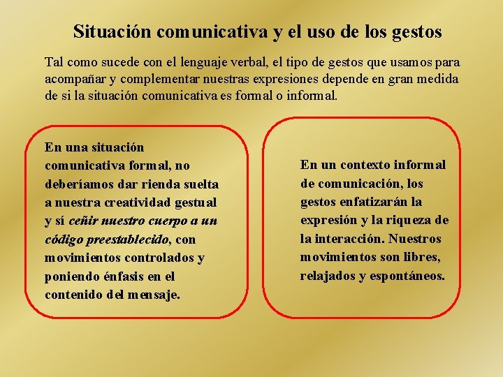 Situación comunicativa y el uso de los gestos Tal como sucede con el lenguaje