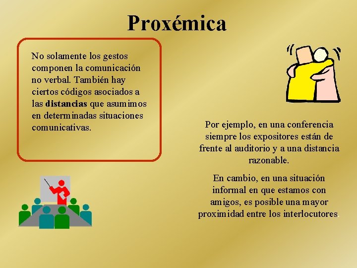 Proxémica No solamente los gestos componen la comunicación no verbal. También hay ciertos códigos