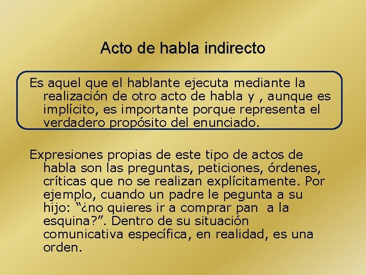 Acto de habla indirecto Es aquel que el hablante ejecuta mediante la realización de