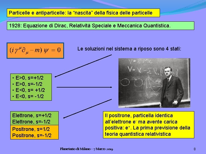 Particelle e antiparticelle: la “nascita” della fisica delle particelle 1928: Equazione di Dirac, Relatività