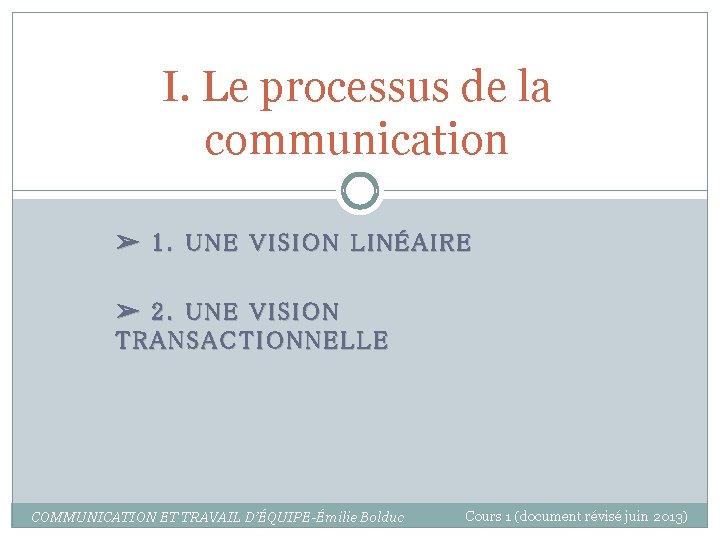 I. Le processus de la communication ➢ 1. UNE VISION LINÉAIRE ➢ 2. UNE