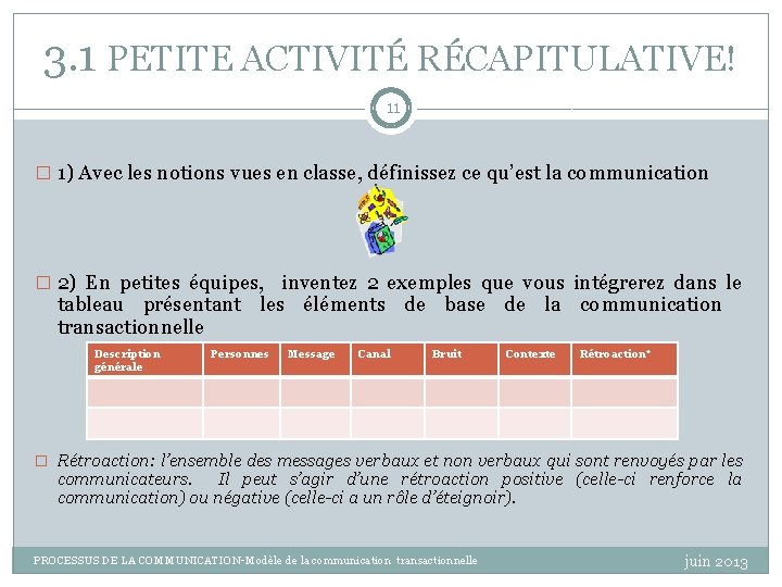 3. 1 PETITE ACTIVITÉ RÉCAPITULATIVE! 11 � 1) Avec les notions vues en classe,