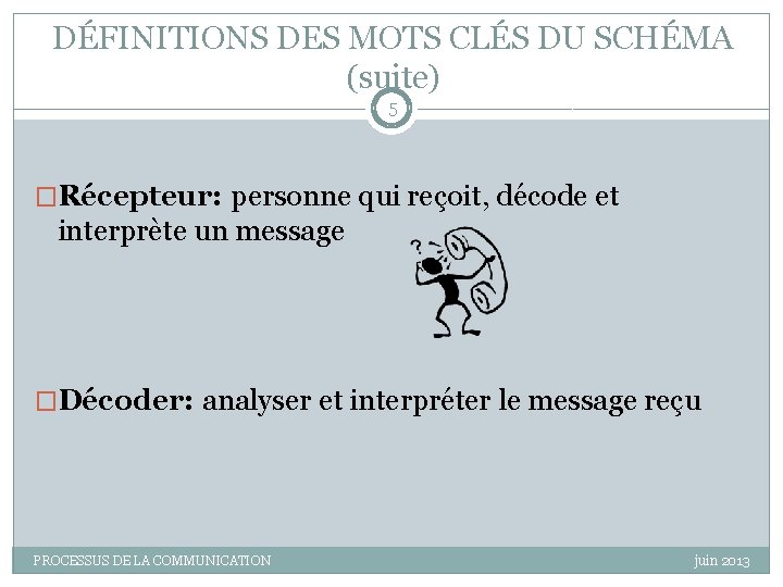 DÉFINITIONS DES MOTS CLÉS DU SCHÉMA (suite) 5 �Récepteur: personne qui reçoit, décode et