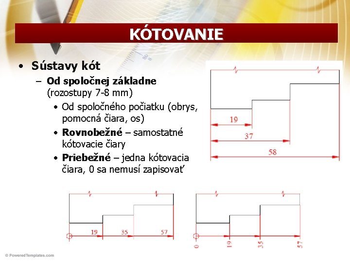 KÓTOVANIE • Sústavy kót – Od spoločnej základne (rozostupy 7 -8 mm) • Od KÓTOVANIE • Sústavy kót – Od spoločnej základne (rozostupy 7 -8 mm) • Od