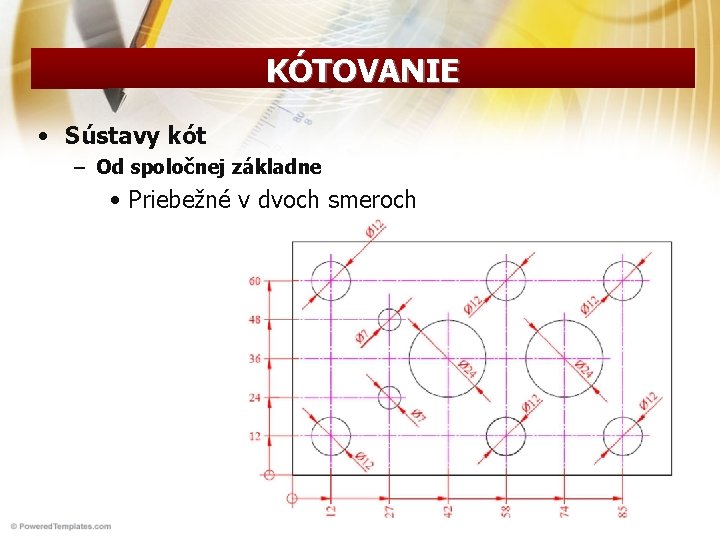 KÓTOVANIE • Sústavy kót – Od spoločnej základne • Priebežné v dvoch smeroch KÓTOVANIE • Sústavy kót – Od spoločnej základne • Priebežné v dvoch smeroch