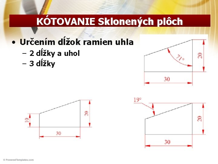 KÓTOVANIE Sklonených plôch • Určením dĺžok ramien uhla – 2 dĺžky a uhol –