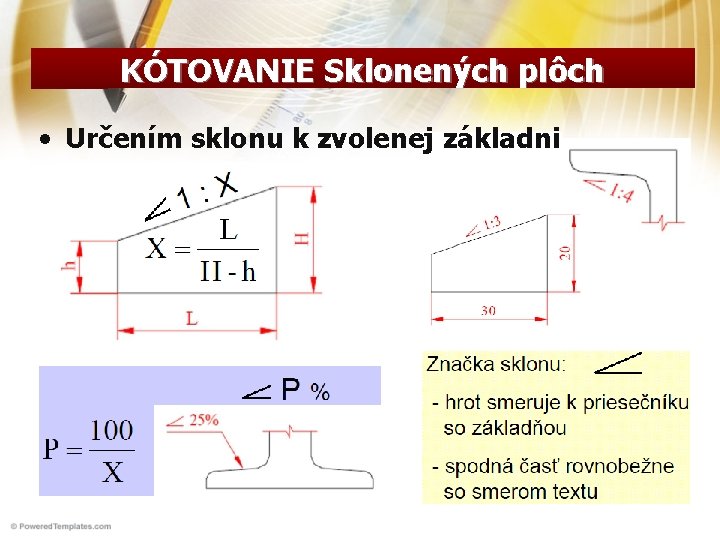 KÓTOVANIE Sklonených plôch • Určením sklonu k zvolenej základni KÓTOVANIE Sklonených plôch • Určením sklonu k zvolenej základni