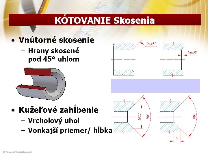 KÓTOVANIE Skosenia • Vnútorné skosenie – Hrany skosené pod 45° uhlom • Kužeľové zahĺbenie KÓTOVANIE Skosenia • Vnútorné skosenie – Hrany skosené pod 45° uhlom • Kužeľové zahĺbenie