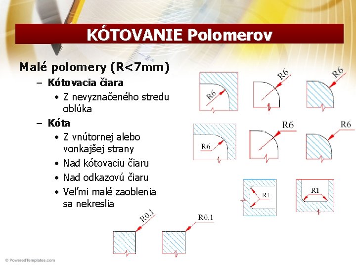 KÓTOVANIE Polomerov Malé polomery (R<7 mm) – Kótovacia čiara • Z nevyznačeného stredu oblúka KÓTOVANIE Polomerov Malé polomery (R<7 mm) – Kótovacia čiara • Z nevyznačeného stredu oblúka