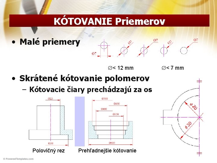 KÓTOVANIE Priemerov • Malé priemery < 12 mm • Skrátené kótovanie polomerov – Kótovacie