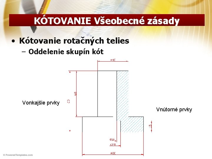 KÓTOVANIE Všeobecné zásady • Kótovanie rotačných telies – Oddelenie skupín kót Vonkajšie prvky Vnútorné