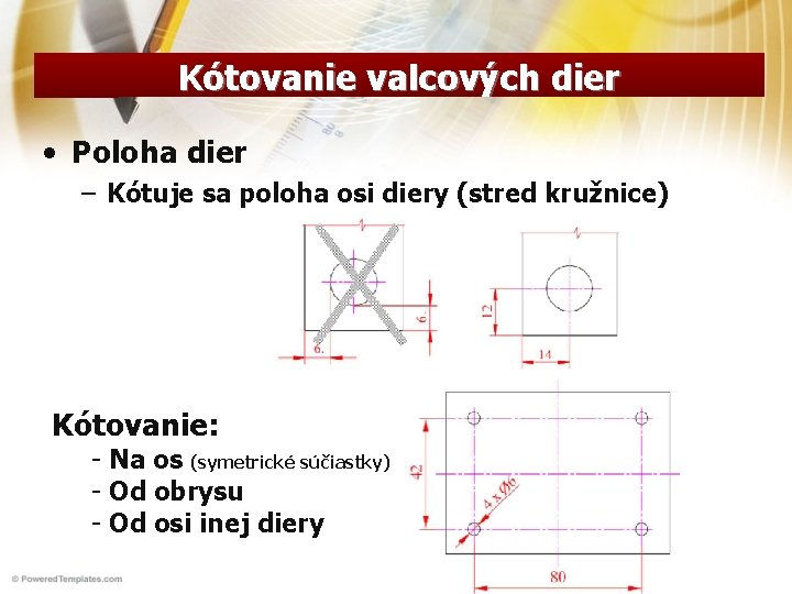 Kótovanie valcových dier • Poloha dier – Kótuje sa poloha osi diery (stred kružnice)