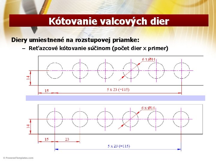 Kótovanie valcových dier Diery umiestnené na rozstupovej priamke: – Reťazcové kótovanie súčinom (počet dier Kótovanie valcových dier Diery umiestnené na rozstupovej priamke: – Reťazcové kótovanie súčinom (počet dier