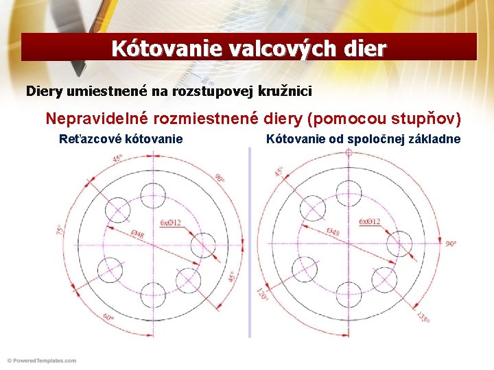 Kótovanie valcových dier Diery umiestnené na rozstupovej kružnici Nepravidelné rozmiestnené diery (pomocou stupňov) Reťazcové