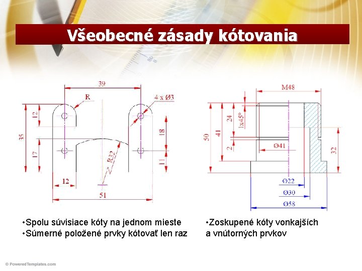 Všeobecné zásady kótovania • Spolu súvisiace kóty na jednom mieste • Súmerné položené prvky