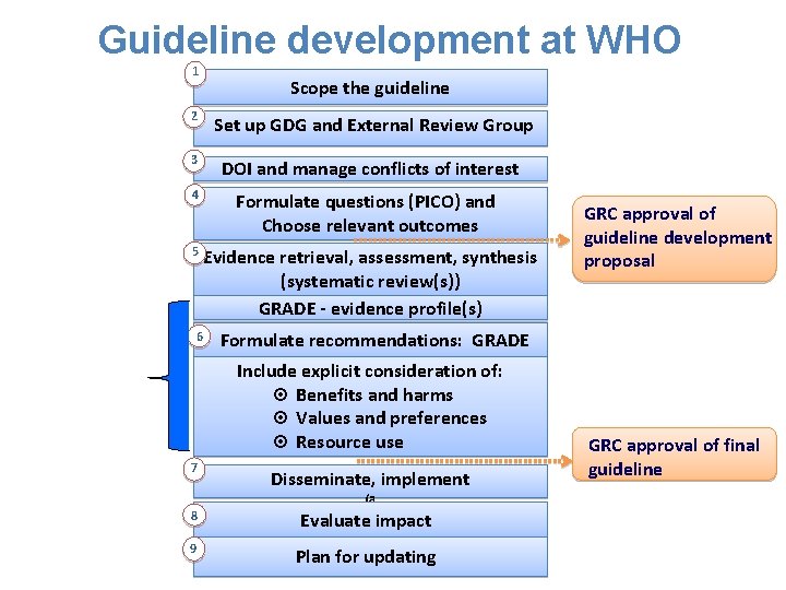 Guideline development at WHO 1 Scope the guideline 2 Set up GDG and External