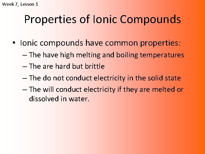 Chapter 6 Ionic Compounds Week 7 Lesson 1