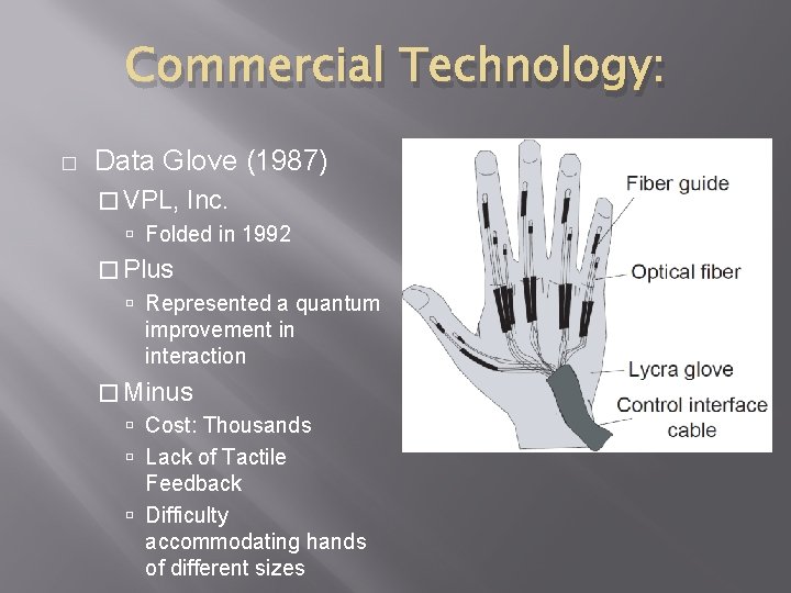 Commercial Technology: � Data Glove (1987) � VPL, Inc. Folded in 1992 � Plus