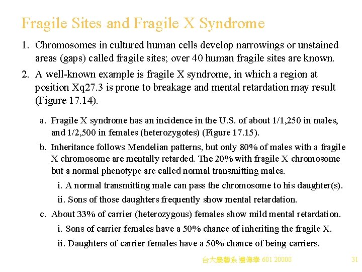 Fragile Sites and Fragile X Syndrome 1. Chromosomes in cultured human cells develop narrowings Fragile Sites and Fragile X Syndrome 1. Chromosomes in cultured human cells develop narrowings