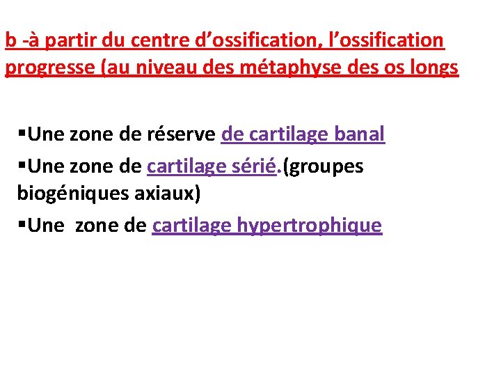 b -à partir du centre d’ossification, l’ossification progresse (au niveau des métaphyse des os