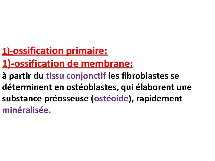 1)-ossification primaire: 1)-ossification de membrane: à partir du tissu conjonctif les fibroblastes se déterminent