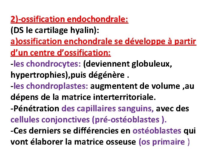 2)-ossification endochondrale: (DS le cartilage hyalin): a)ossification enchondrale se développe à partir d’un centre