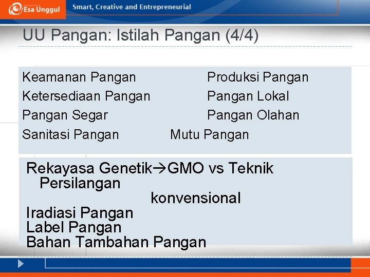 UU Pangan: Istilah Pangan (4/4) Keamanan Pangan Ketersediaan Pangan Segar Sanitasi Pangan Produksi Pangan