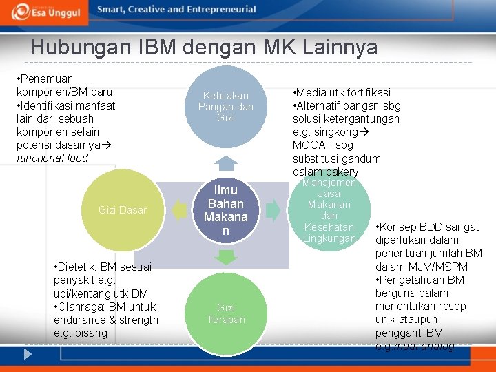 Hubungan IBM dengan MK Lainnya • Penemuan komponen/BM baru • Identifikasi manfaat lain dari