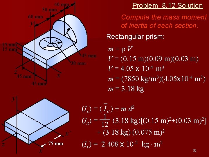 40 mm 50 mm 60 mm Problem 8. 12 Solution Compute the mass moment