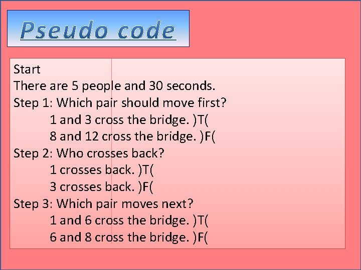 Start There are 5 people and 30 seconds. Step 1: Which pair should move