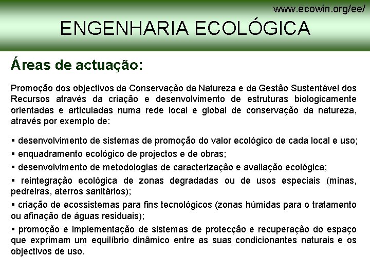 www. ecowin. org/ee/ ENGENHARIA ECOLÓGICA Áreas de actuação: Promoção dos objectivos da Conservação da www. ecowin. org/ee/ ENGENHARIA ECOLÓGICA Áreas de actuação: Promoção dos objectivos da Conservação da