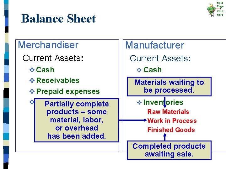Next Page Click Here Balance Sheet Merchandiser Current Assets: v Cash v Receivables v Next Page Click Here Balance Sheet Merchandiser Current Assets: v Cash v Receivables v
