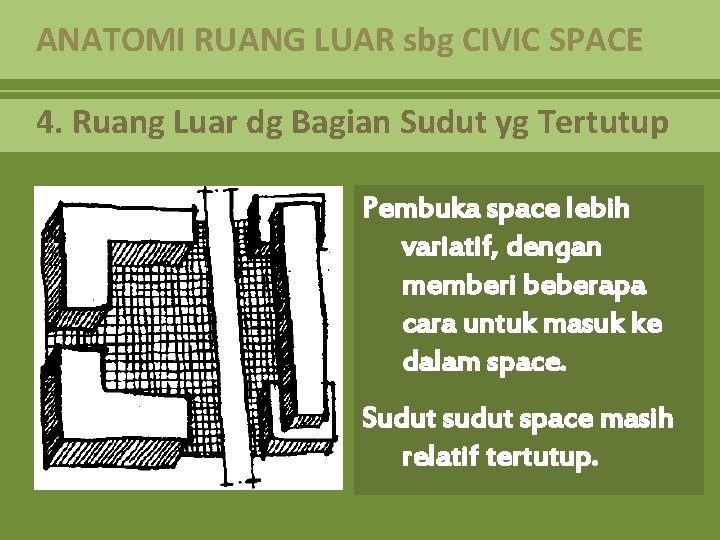 ANATOMI RUANG LUAR sbg CIVIC SPACE 4. Ruang Luar dg Bagian Sudut yg Tertutup